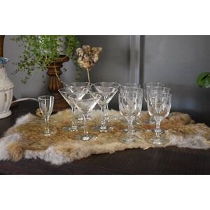 vtg Wheat Sasaki crystal wine cocktail multi sided stem barware set glassware‎